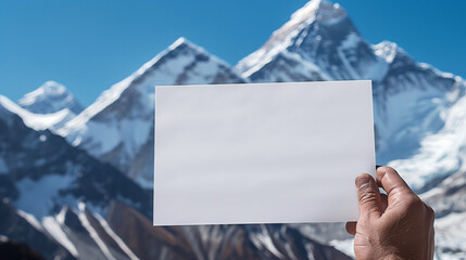 hand holding a blank sheet of paper, with a background of himalayan mountain peaks, Ai Generated Image