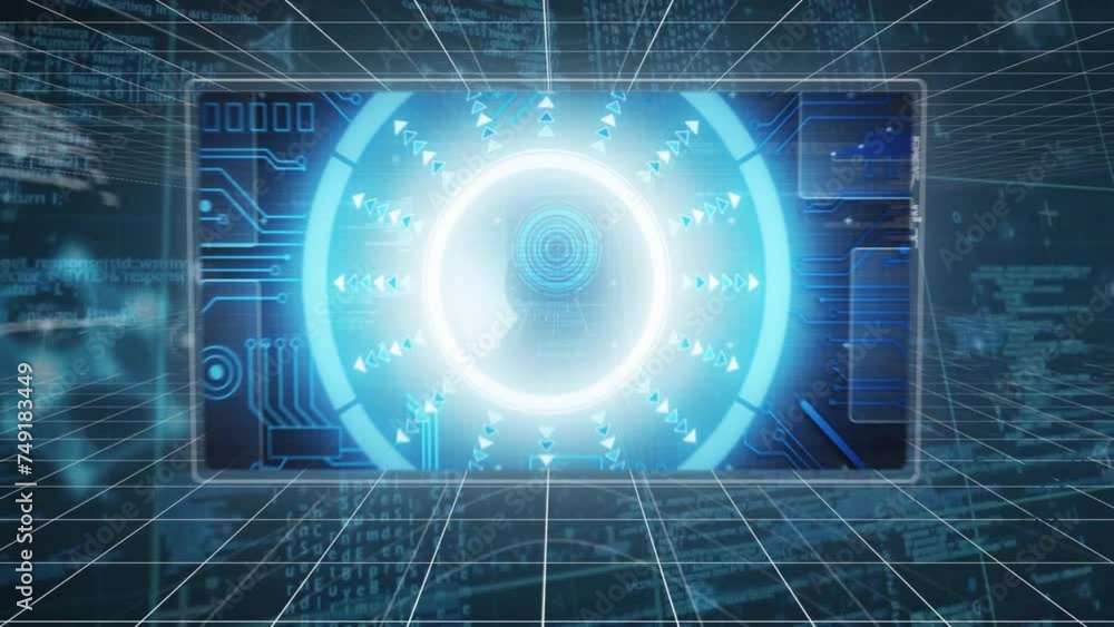 Poster animation of data processing with scope scanning on black background