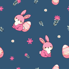 Easter eggs and bunnies pastel dark background Seamless pattern