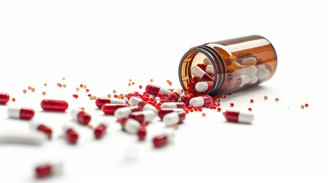spilled medicine bottle with red and white pills scattered around it, on a clean white background, Ai generated Images