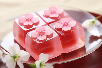 Fototapeta na wymiar dessert gelée aromatisée avec sur le dessus un décor de Sakura, fleur de cerisier. Pâtisseries posées dans une assiette avec des fleurs de cerisier autour, pour Hanami, fête du printemps