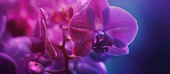 A close-up view of a purple orchid with delicate petals covered in glistening water droplets,...
