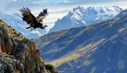 An eagle soars with outstretched wings against a backdrop of snow-capped mountains and rugged cliffs