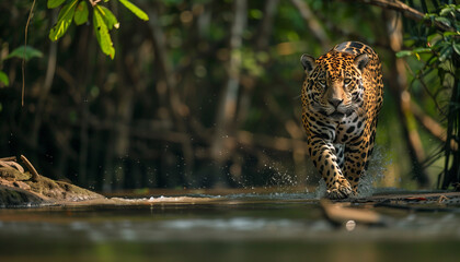 A jaguar prowls through shallow water in a dense jungle, its intense gaze