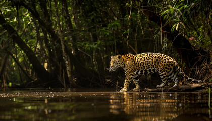 A jaguar silently stalks through shallow water in the dense rainforest, its spotted coat blending into the surrounding foliag