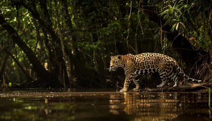 Foto op Plexiglas A jaguar silently stalks through shallow water in the dense rainforest, its spotted coat blending into the surrounding foliag © Seasonal Wilderness