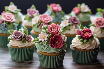 assortiment de cupcakes traditionnels avec glaçage royal au sucre vert ou blanc, et des topings en pâte à sucre en forme de roses et feuilles. - obrazy, fototapety, plakaty