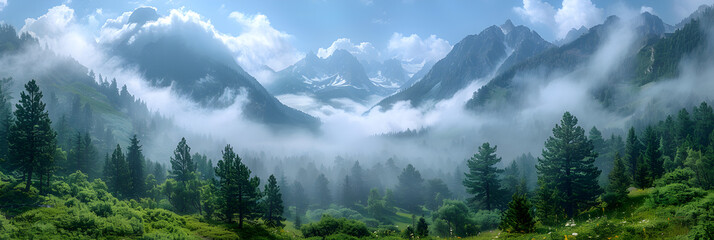 Dark mountain, pine forest with fog ,
Clouds over a mountain valley.
 - obrazy, fototapety, plakaty