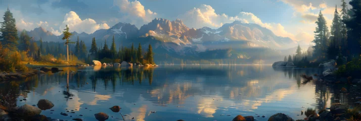 Tableaux ronds sur plexiglas Anti-reflet Vert bleu  beautiful landscape with high mountains and lagoon water, Lake in the mountains in the morning.  