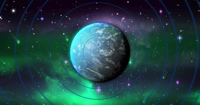 Animation of circles over globe and stars on black background