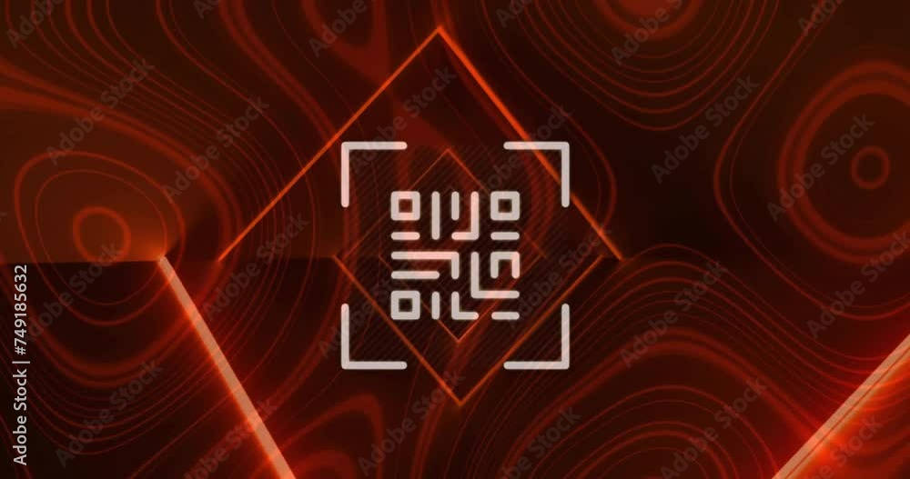 Poster animation of qr code with light trails over red shapes on black background