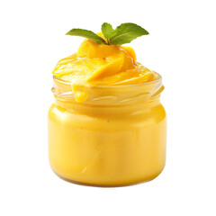 front view of a delicious mango mousse in a jar isolated on a white transparent background