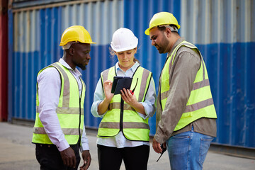 workers working on tablet for checking product in containers warehouse storage