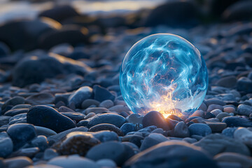 Glowing Orb Resting on Stones at the Beach