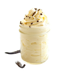 front view of a delicious  vanilla bean mousse in a jar isolated on a white transparent background