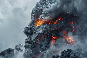 A volcanic head, spewing ash and lava, an allegory for the human conditions explosive and transformative nature