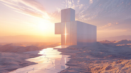 Sunrise illuminates a cross-shaped building in a desert.