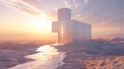Foto op Plexiglas Sunrise illuminates a cross-shaped building in a desert. © pprothien