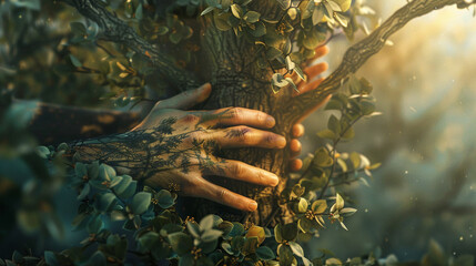 Abstract concept of hands transforming into branches to hug a tree, illustrating the deep, intrinsic love for the earth - obrazy, fototapety, plakaty