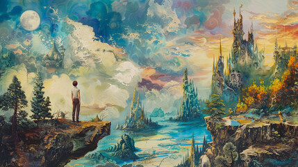 Against a backdrop of fantastic landscapes, a dreamer contemplates the boundless potential of the imagination