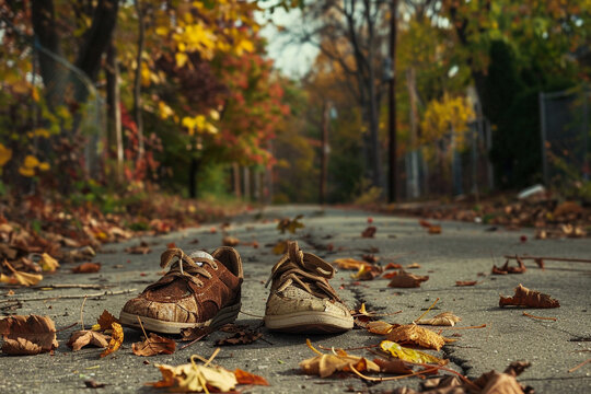 Abandoned shoes on a vacant street, symbolic of the journey halted by the harsh reality of broken dreams