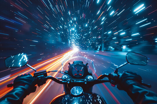 Abstract concept of a motorcycle journey through an empty universe, stars streaking past as the rider searches for something more