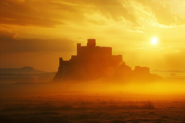 Obraz premium Bathed in the golden light of dawn, a fortress stands alone, its solitude as vast as the land around it