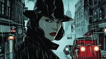 Comic-style scene of a woman detective solving a complex case in a rain-soaked noir cityscape - obrazy, fototapety, plakaty