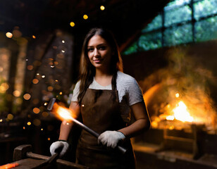 Blacksmith woman works in a forge, anvil and steel, metal work manufacturing