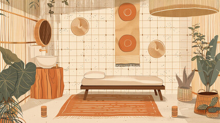 Illustration of a minimalist spa room with boho tapestries, clean lines, and a palette of soothing earth tones