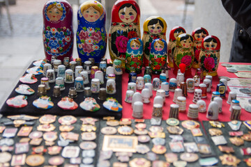 Fototapeta premium Street photo Tin bronze copper dishes teapot plate Concept of reuse ecology shopping antiques