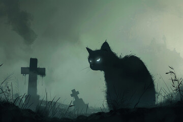 Illustration of a spooky cats silhouette watching over a foggy graveyard, its eyes the only source of light in the darkness