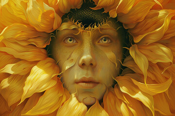 Illustration of a surreal portrait where a human face merges seamlessly with the center of a sunflower, eyes gleaming like seeds