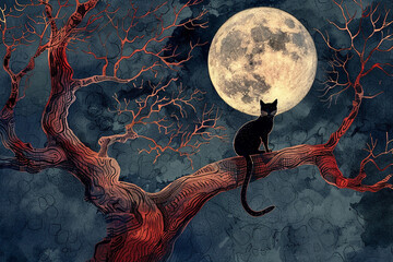 Illustration of a whimsical spooky cat perched atop an ancient, twisted tree under a full moon, casting eerie shadows