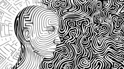 Line art illustration of a human head with a labyrinth for a brain, paths intricately drawn in comic book style