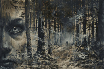 Moody depiction of a gaze shared between a wanderer and the unseen eyes of the forests inhabitants, creating a sense of intrigue - obrazy, fototapety, plakaty