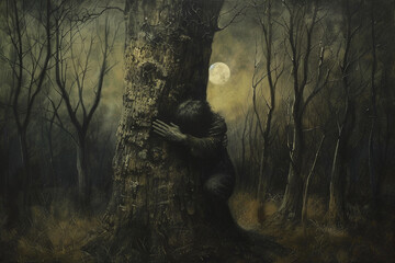Moody depiction of a solitary figure hugging a tree at dusk, finding solace and love in the quiet of the forest - obrazy, fototapety, plakaty