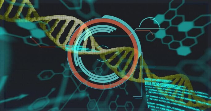 Animation of dna strand with chemical formula and data processing on black background
