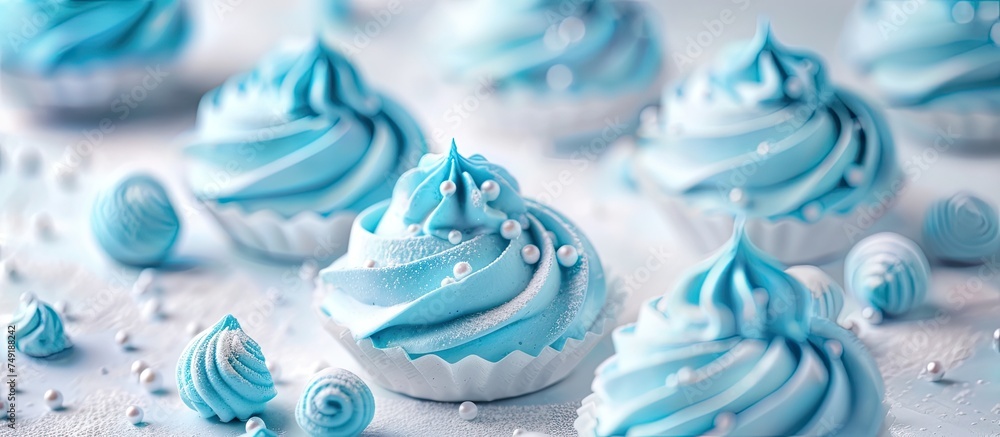 Poster a table is displayed with multiple blue cupcakes that are topped with frosting. the cupcakes have a 