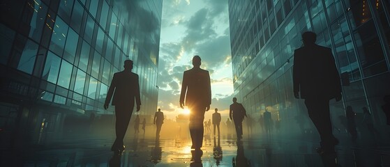 Businesspeople Silhouettes at Sunset on a City Street