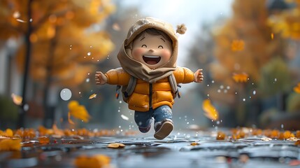 Cartoon Kid Running Through Autumn Leaves in Photorealistic Style