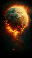 Obraz premium Earth Explodes into Flames and Smoke in Surrealistic Space Imagery