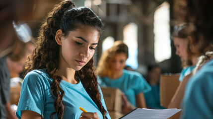 focused young woman wearing blue t-shirt, likely volunteer, involved in a charitable activity, such as packing boxes