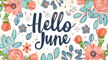 June month illustration background with pastel colors drawing with written Hello June to celebrate start of the month