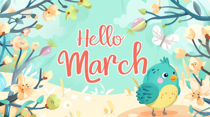 March month illustration background with pastel colors drawing with written Hello March to celebrate start of the month