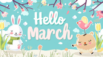 March month illustration background with pastel colors drawing with written Hello March to celebrate start of the month
