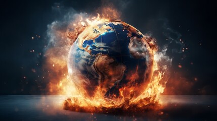 Concept of global catastrophe. Planet Earth is burning. Smoky dark background.