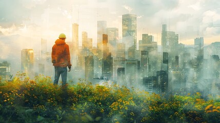 Person Contemplating Green and Amber Cityscape in Industrial Futurism Style