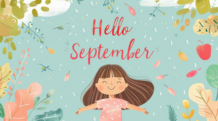 September month illustration background with pastel colors drawing with written Hello September to celebrate start of the month
