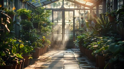 Sunlit Greenhouse Filled with Lush Plants in Soft Mist